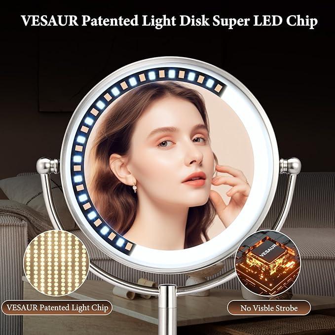 Professional 8.5" Large Lighted Makeup Mirror with Brighter Lights, 1X/10X True HD Magnifying Mirror with 3 Color Dimmable Lights, 90 Shadowless LEDs, 360°Swivel Seamless Vanity Mirror, Pearl Nickel - ModernBath