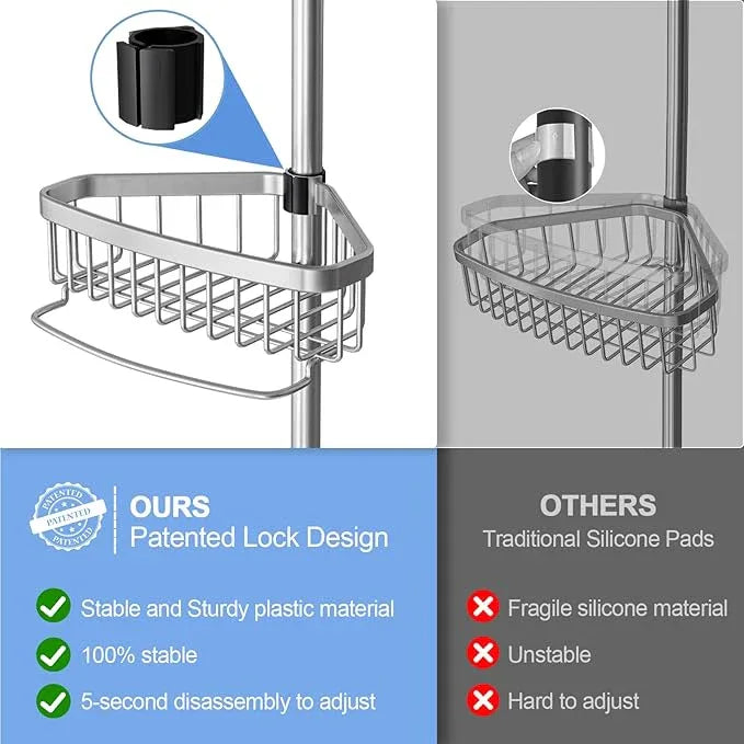 Corner Shower Caddy Tension Pole: Adjustable Rustproof 4-Tier Inside Bathroom Organizer - 47-121 inch Quick Installation Bathtub Shelves for Shampoo Storage - Rod Floor Standing Bath Rack - ModernBath