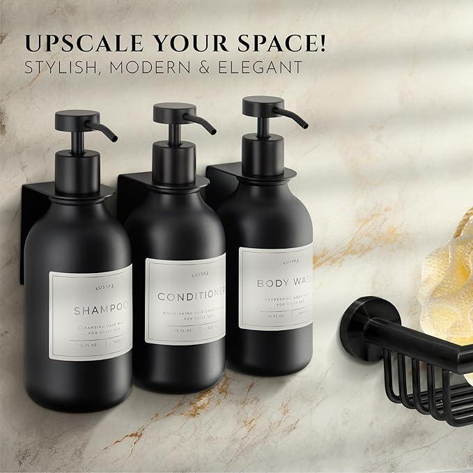 Shampoo & Conditioner Dispenser - Shower Soap Dispenser Wall Mounted - Set of 3 16.9 Oz Plastic Bottles with Pump & Holder - Shampoo Dispenser - Shower Dispenser Chamber No Drill (3 X Black) - ModernBath