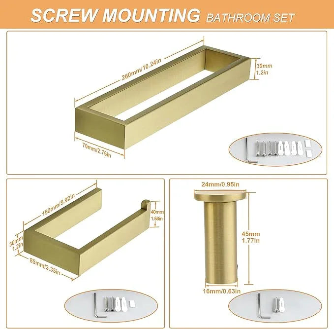 SAYAYO 6-Piece Bathroom Hardware Set Gold, Includes 10 Inch Towel Bar, Toilet Paper Holder & 4Pcs Coat Hooks Wall Mount, Towel Racks for Bathroom Accessories Set SUS304 Stainless Steel - ModernBath