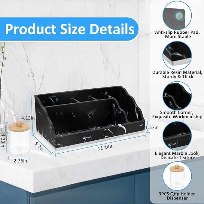 Bathroom Counter Organizer, Black Marble Toothbrush Holders for Bathrooms Organizer Countertop with 3PCS Qtip Holder, Toothbrush and Toothpaste Holder for Bathroom Organization Storage Vanity - ModernBath