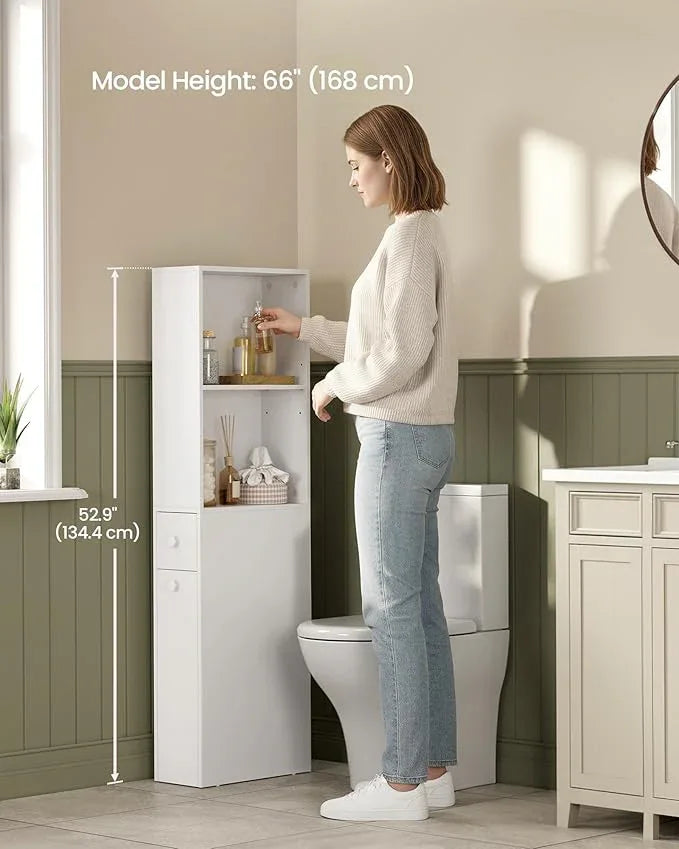 VASAGLE Slim Storage Cabinet, Narrow Freestanding Cabinet with Drawers and Adjustable Shelf, Modern Linen Tower for Living Room Bathroom Bedroom, White UBBK567T14 | Narrow, Freestanding, Storage Drawers, Adjustable Shelf, Modern Style - ModernBath
