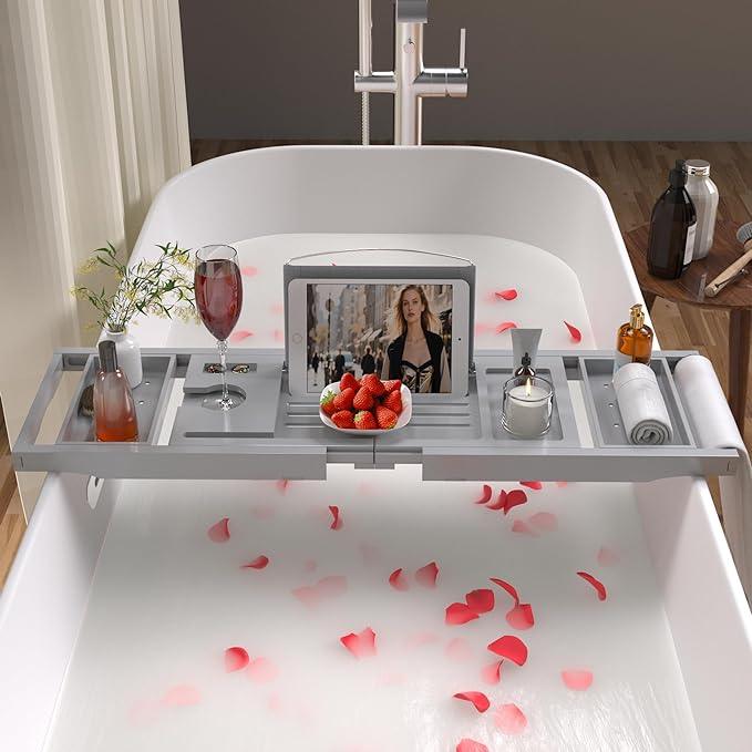 Bathtub Caddy Tray for Tub,Foldable Bath Table Trays,Bamboo Shelf with Book and Wine Glass Holder,Bathroom Accessories Suitable for Luxury Spa or Reading,Gray - ModernBath