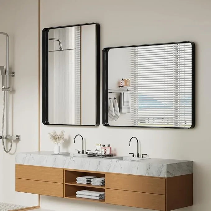 Koonmi Black Bathroom Mirror for Wall, 36x48 Inch Matte Metal Deep Framed Rounded Corner Wall Mirror, Shatterproof Tempered Glass for Farmhouse Bedroom Entryway, Vertically or Horizontally - ModernBath