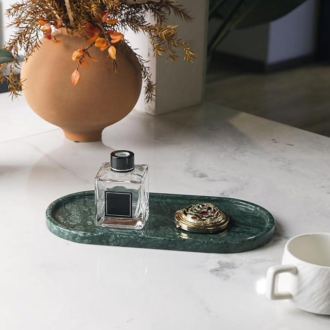 Faticdorr Green Marble Tray, 2 Pcs, Marble Vanity Tray, Bathroom, Decor for Trinket Perfume Jewelry Candle, 12 Inch Oval - ModernBath