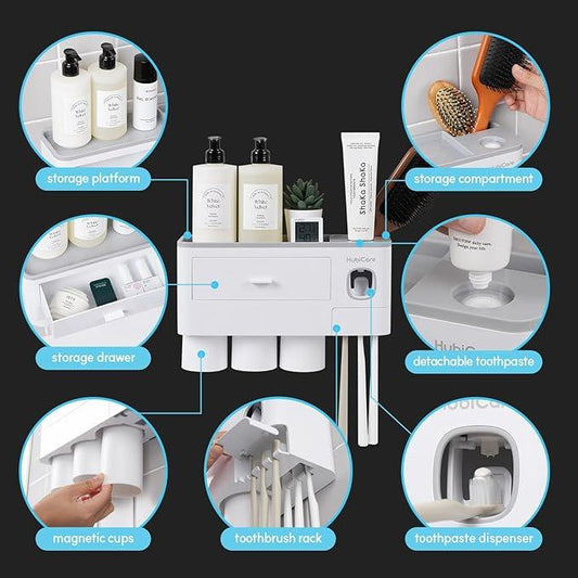 HubiCare Toothbrush Holder with Toothpaste Dispenser Wall Mounted for Bathroom, Automatic Toothpaste Squeezer, Bathroom Organization and Storage, 5 Toothbrush Slots (3 Cups) - ModernBath