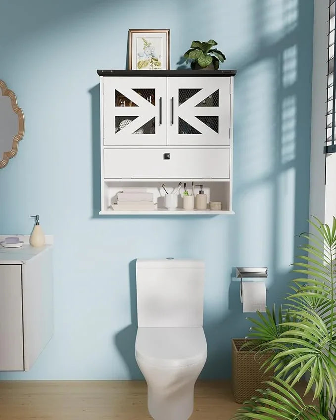 Wall Mounted Bathroom Cabinet with Double Doors, Flip-Down Storage and Open Shelf, Modern White Finish, Over-The-Toilet Space Saver Cabinet - ModernBath
