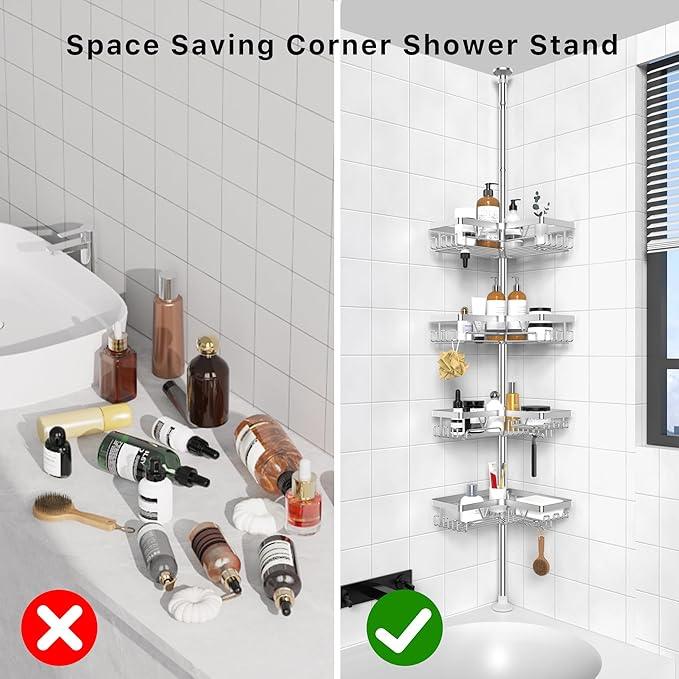 KEGII SUS304 Corner Shower Organizer, Stainless Steel Tension Pole Corner Bathroom Caddy, No Drilling Required Adjustable Shower Shelf for Inside Showers, Silver - ModernBath