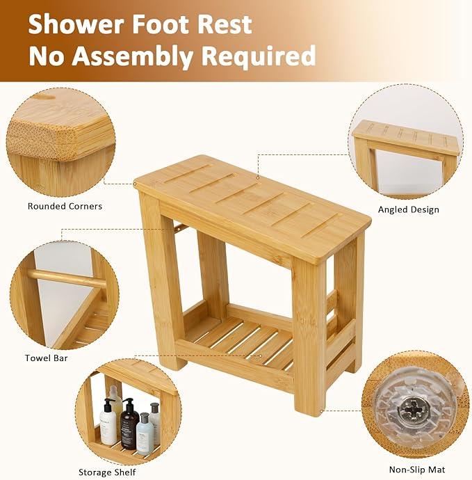 Forest Manor Bamboo Shower Foot Rest Stool for Shaving Legs & Pedicure, Non-Slip Bathroom Foot Step with Storage Pocket, Solid & Water-Resistant,Natural - ModernBath