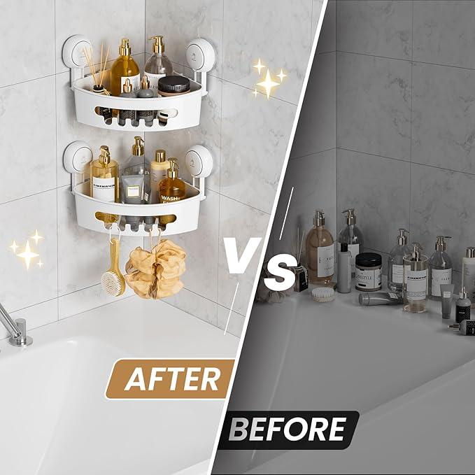 LEVERLOC Corner Shower Caddy Suction Cup, shower shelves suction cup, 2 Pack Basket Powerful Bathroom, Waterproof & Oil-proof Organizer for Kitchen, No-Drilling Removable - ModernBath