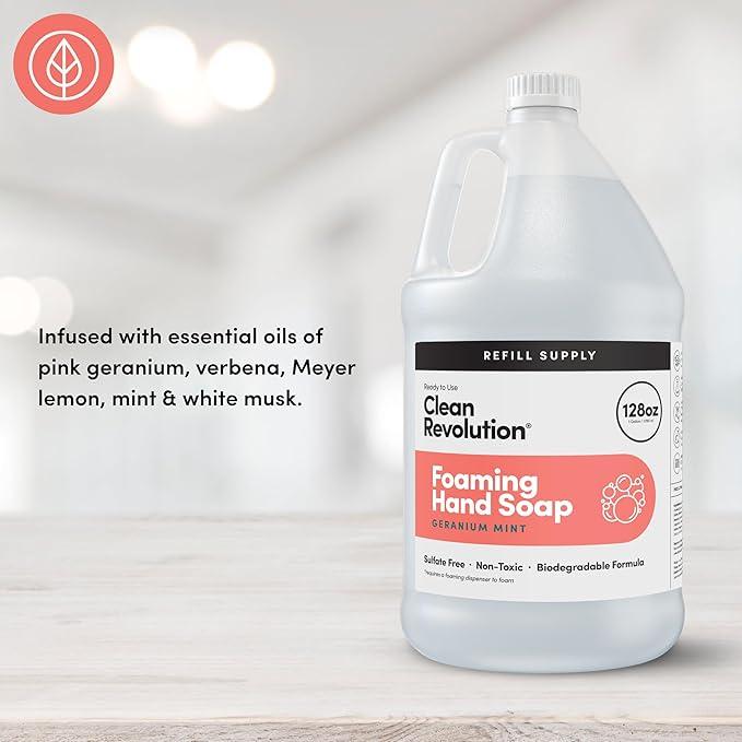 Clean Revolution Foaming Hand Soap, Gentle, Moisturizing, Ready To Use Formula, Real Essential Oils, Gluten Free, Geranium Mint, 128 Fl Oz - ModernBath