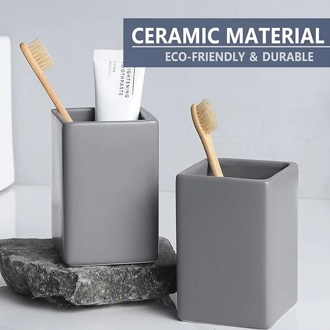 Grey Square Toothbrush Holders for Bathrooms - 2 Cups Ceramic Toothbrush Toothpaste Holders Set, White Square Bathroom Tumbler Cups Reusable Toothbrush Mouthwash Cup, Bathroom Counter Organizer. - ModernBath