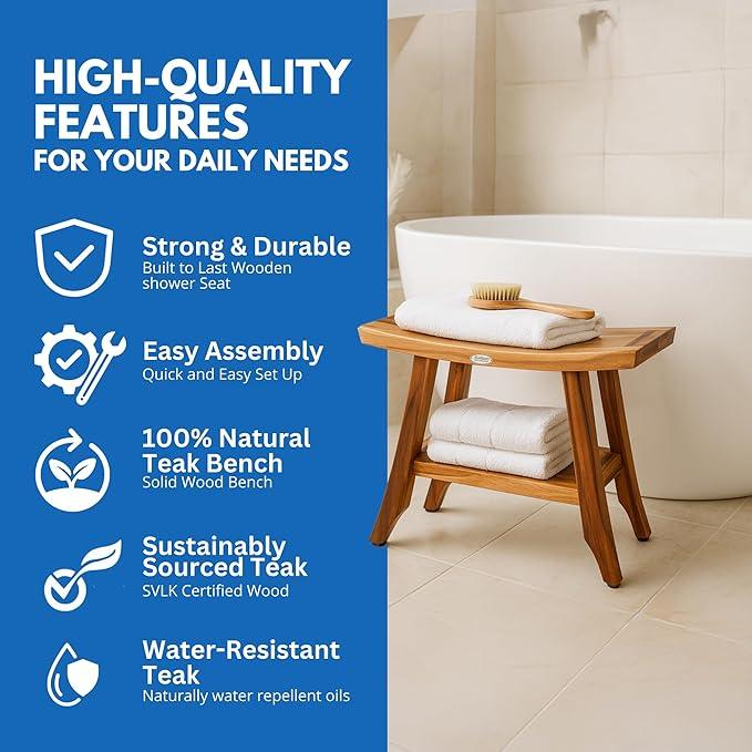 EcoDecors 24 Inch Satori Natural Teak Waterproof Teak Wood Shower Bench Stool Seat Chair for Inside Shower Provides Safety, Storage, and Organization for Bathroom Accessories - ModernBath