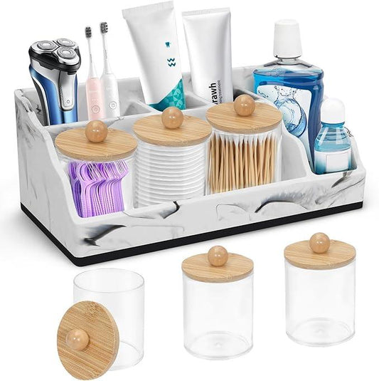 Marble Toothbrush Holder for Bathroom Organizer Countertop, Toothbrush Organizer with 3PCS Qtip Holder Dispenser, Toothbrush and Toothpaste Holder for Bathroom Counter Organization Storage Vanity - ModernBath