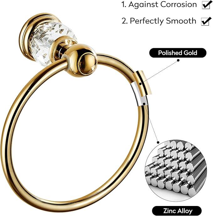 WINCASE Crystal Towel Ring, Gold Towel Holders for Bathrooms, Round Hand Towel Rack Wall Mounted Decorative - ModernBath