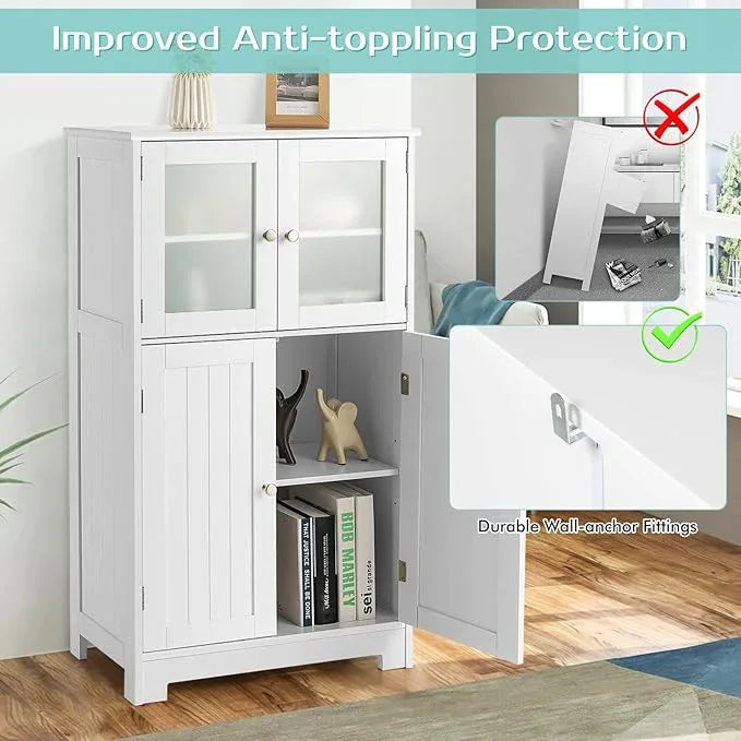 GOFLAME Bathroom Storage Cabinet, Freestanding Storage Cabinet with 4 Doors, Wooden Kitchen Cupboard with Adjustable Shelf, Buffet Sideboard, Multipurpose Home Organizer for Bathroom, Kitchen, White - ModernBath