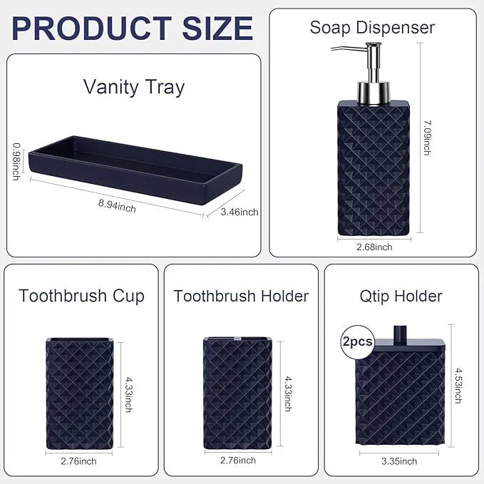 Bathroom Accessories Set Resin 6PCS, Square Toothbrush Holders Set Complete with Soap Dispenser, Vanity Tray, Tumbler, Cups and Cotton Swab Jars (Navy Diamond, Resin Bath 6 PCS) - ModernBath