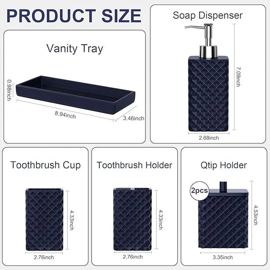 Bathroom Accessories Set Resin 6PCS, Square Toothbrush Holders Set Complete with Soap Dispenser, Vanity Tray, Tumbler, Cups and Cotton Swab Jars (Navy Diamond, Resin Bath 6 PCS) - ModernBath