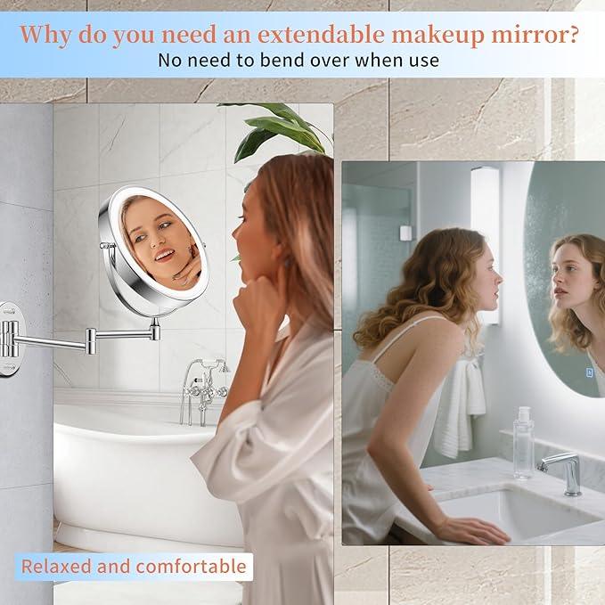 FUNTOUCH 9" 30X/1X Wall Mounted Lighted Makeup Mirror, 5000mAh Rechargeable Double Sided Magnifying Bathroom Mirror, 3 Color Modes Touch Dimmable Extended Arm 360 Rotation with Adapter,Chrome - ModernBath