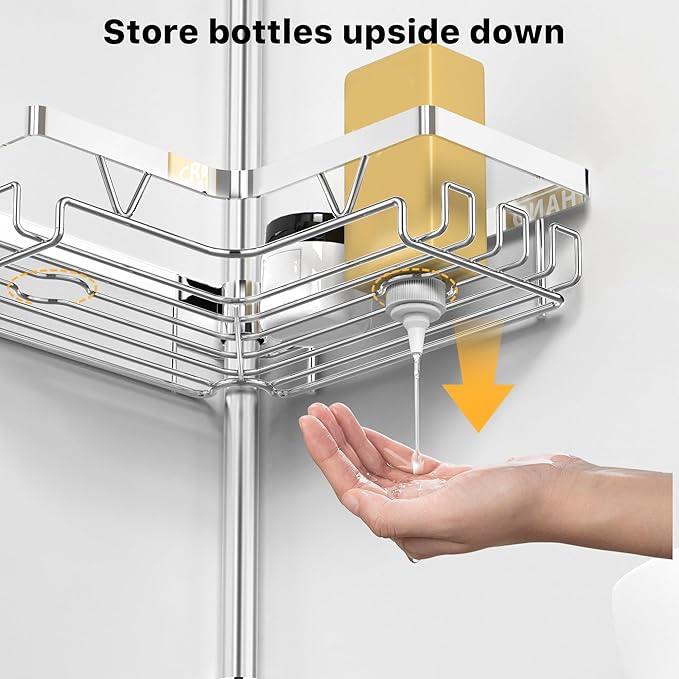 KEGII Corner Shower Caddy Tension Pole - Chrome 4-Tier Adjustable Shower Tension Rod Organizer with Hooks & Soap Holders, 25-114.2 Inch Stainless Steel Shower Storage Rack for Renters & Family - ModernBath