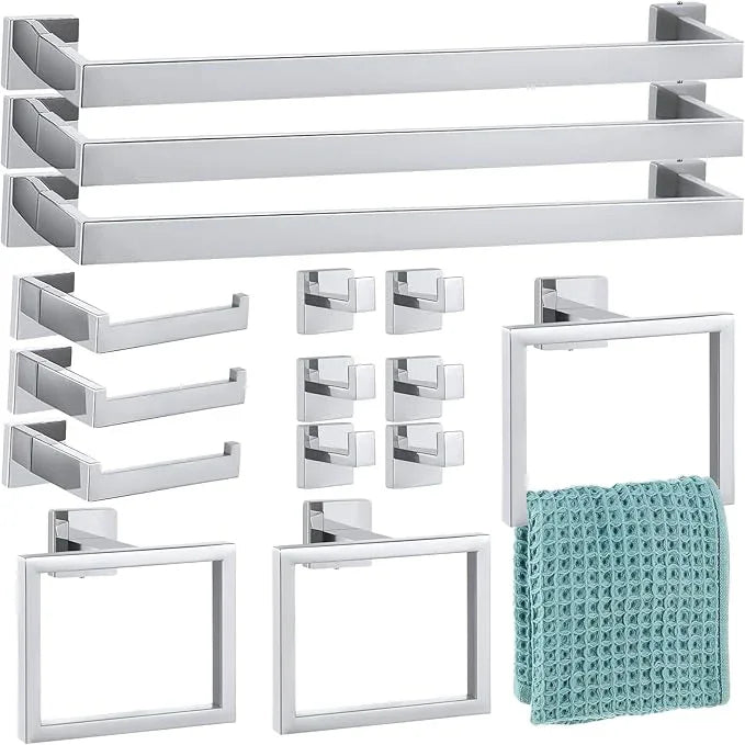 Gisafai 15 Pcs Silver Bathroom Hardware Accessories Set 23.6 Inch Bath Towel Bar Kit Stainless Steel Bathroom Hardware Set Towel Racks Ring Robe Hooks Paper Holder for Wall Mounted - ModernBath