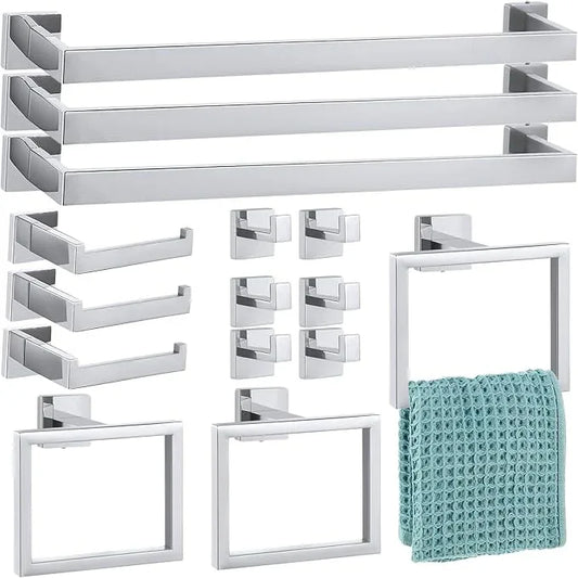 Gisafai 15 Pcs Silver Bathroom Hardware Accessories Set 23.6 Inch Bath Towel Bar Kit Stainless Steel Bathroom Hardware Set Towel Racks Ring Robe Hooks Paper Holder for Wall Mounted - ModernBath