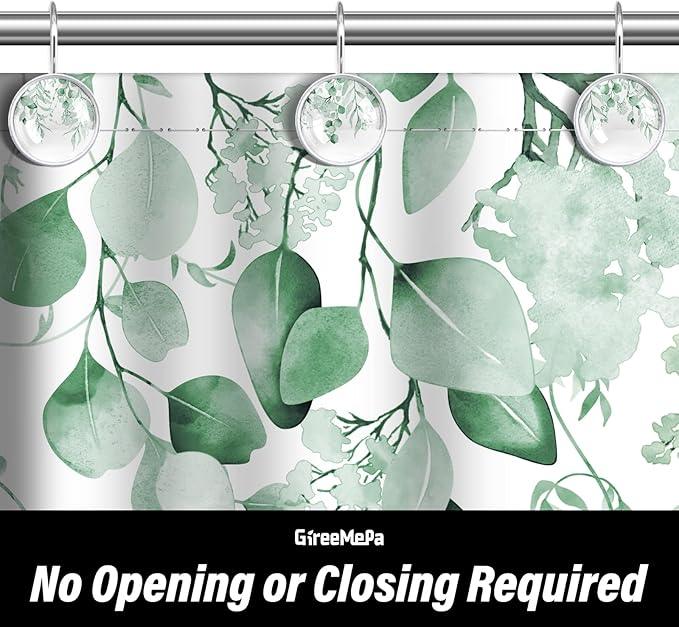 12 Pcs Mint Green Eucalyptus Decorative Shower Curtain Hooks - Rustic Stainless Steel Round Resin Shower Rings Hangers for Bathroom Rods Decor - ModernBath