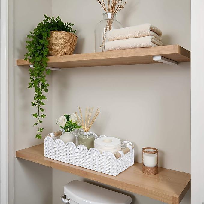CubesLand Scalloped Edge Toilet Paper Storage Basket, Living Room Home Cozy Decor Basket, Paper Rope Small Baskets for Over Toilet Storage Shelf, End Table, Shelves, with 2 Wooden Handles, White - ModernBath