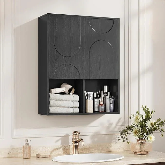 Bathroom Wall Cabinet, 24x30 Inch Small Over The Toilet Storage Cabinet, Black Space Saver Hanging Wall Mounted Medicine Cabinet Organizer with 2 Doors, Open Adjustable Shelf for Laundry Room Kitchen - ModernBath