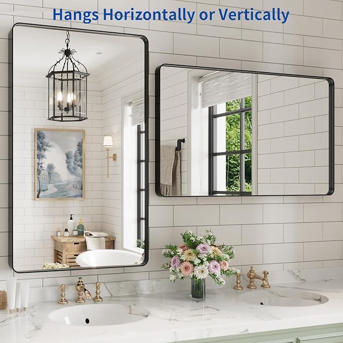 WEER Black Bathroom Mirror for Wall, 40X24 Inch Matte Black Mirror, Rectangular Black Metal Framed Vanity Mirror with Tempered Glass, Rounded Corner, Anti-Rust (Horizontal/Vertical) - ModernBath