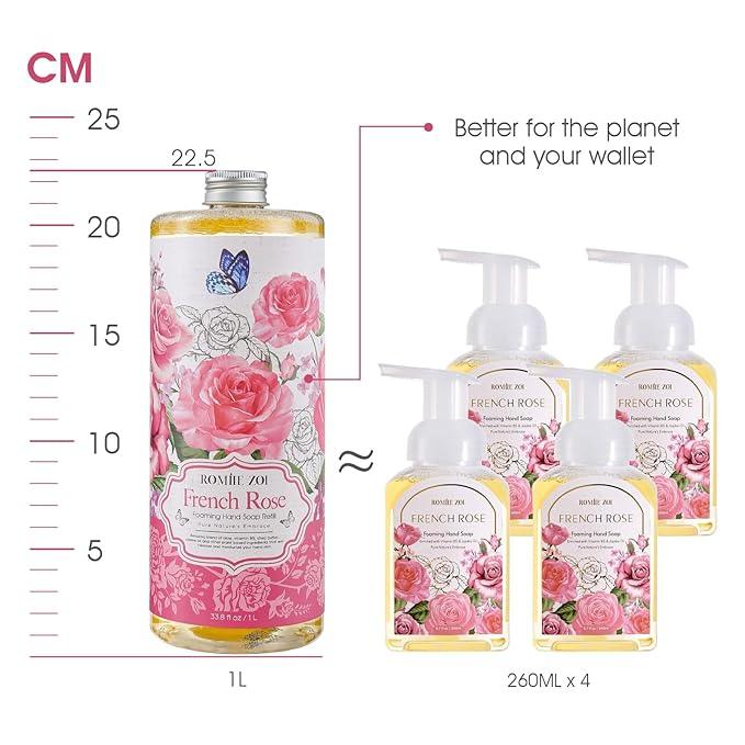 ROMIIE ZOI Rose Foaming Hand Soap Refill Gift Set – 3 Pack (33.8 Fl Oz Each) with Refillable Dispenser, Romantic Floral Scent, Moisturizing & Biodegradable for Bathroom, Kitchen, Sensitive Skin - ModernBath