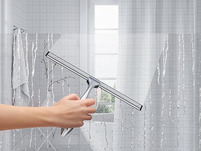 12'' Light Weight Stainless Steel Shower Squeegee for Glass Doors with 4 Pieces Set (1 Window Squeegee, 1 Door Hook and 2 Adhesive Hooks) Perfect Cleaning Tool for Car, Window, Bathroom Mirror - ModernBath