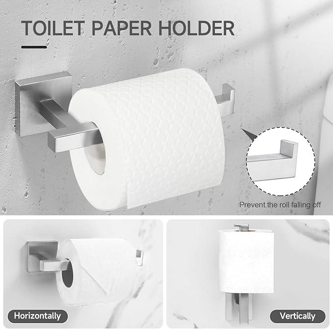 TQKAG 7-Pieces Brushed Nickel Bathroom Hardware Accessories Set 23.6" SUS304 Stainless Steel Towel Bar Set Toilet Paper Spare Rolls Storage Holder Wall Mounted - ModernBath