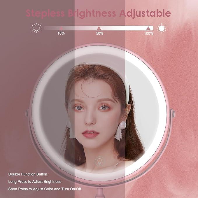 Lighted Makeup Mirror, 3000 mAh Rechargeable Double Sided Magnifying Vanity Mirror with 3 Colors, 1x/10x, 360° Rotation , Brightness Adjustable Magnification Cosmetic Light up Mirror, Women Gift - ModernBath