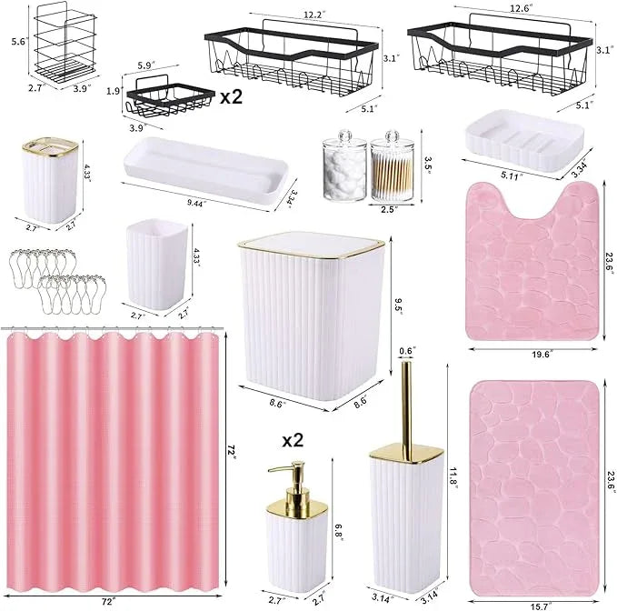 XLHOMO Bathroom Accessories Set - 30PC Gorgeous White Bathroom Set, Bathroom Accessory Set, Pink Shower Curtain Set with Shower Caddies, Soap Dish & Trash Can - ModernBath