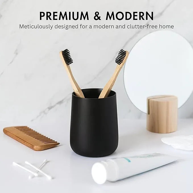 Yew Design Matte Black Toothbrush and Toothpaste Holder and Cup for Bathroom Vanity and Countertop, Round Organizer for Electric Toothbrushes, Floss, Razors, Cotton, and Mouthwash - ModernBath