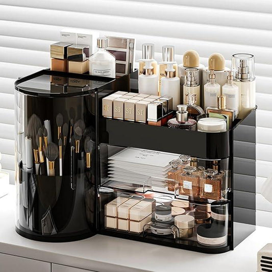 Makeup Organizer with Rotating Brush Holder Cosmetic Organizer with Drawers Countertop Skincare Organizer for Vanity,Cosmetic Display Case Storage (Black, Large) - ModernBath
