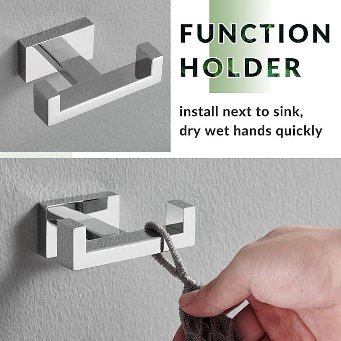 APLusee Square Double Towel Hook, 304 Stainless Steel Dual Coat Holder, Modern Bathroom Kitchen Storage Hanger Wall Mounted, Polished Chrome - ModernBath