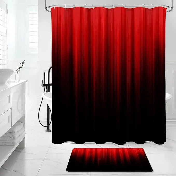 Litabel 4 Pcs Red and Black Gradient Shower Curtain Set with Rugs and Toilet Lid Cover, Modern Simple Waterproof Fabric Bathroom Set, Ombre Stripe Gothic Abstract Bathroom Decor Set Accessories - ModernBath