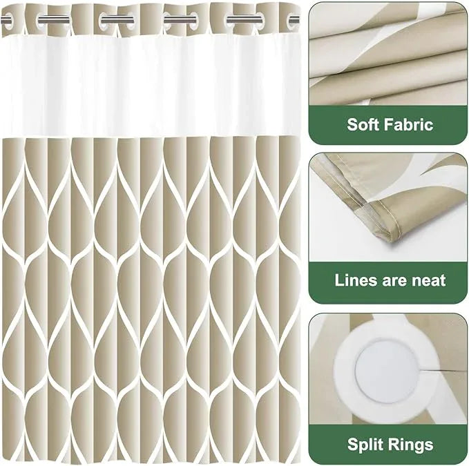 Yiatn No Hook Cream Shower Curtain with Snap in Fabric Liner Set - Hotel Style with See Through Mesh Top Window, Modern Geometric Waterdrop Design,Waterproof and Washable, 71x74 INCH - ModernBath