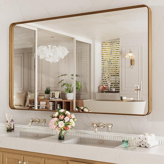 LOAAO 60X28 Inch Bathroom Mirror with Wood Grain Colored Metal Frame, Rounded Rectangle Metal Framed Bathroom Mirror, Anti-Rust, Hangs Horizontally or Vertically, Tempered Glass - ModernBath