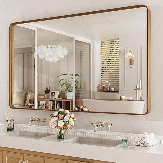 LOAAO 60X28 Inch Bathroom Mirror with Wood Grain Colored Metal Frame, Rounded Rectangle Metal Framed Bathroom Mirror, Anti-Rust, Hangs Horizontally or Vertically, Tempered Glass - ModernBath