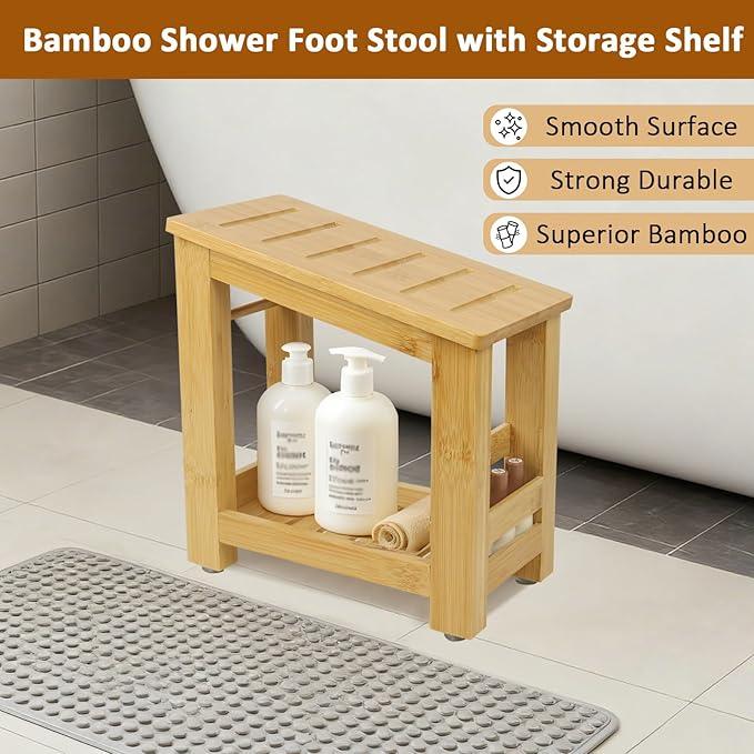 Forest Manor Bamboo Shower Foot Rest Stool for Shaving Legs & Pedicure, Non-Slip Bathroom Foot Step with Storage Pocket, Solid & Water-Resistant,Natural - ModernBath