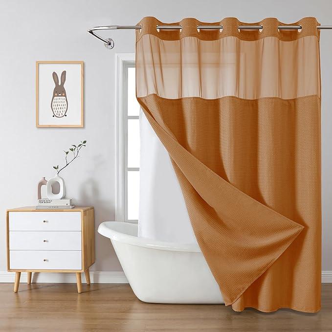 eachope BurntOrange No Hook Waffle Weave Shower Curtain with snap-in Liner Replacement, 230GSM Waterproof Fabric Hotel Shower Curtain Set for Bathroom, Through Mesh Top Window,71Wx74H - ModernBath