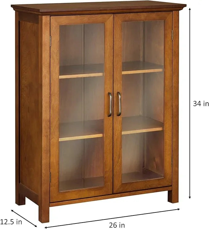 Teamson Home Avery Wooden Freestanding Floor Cabinet with 2 Adjustable Shelves 3 Storage Spaces 2 Glass Paneled Doors and 2 Antique Brass Knobs, Oiled Oak - ModernBath