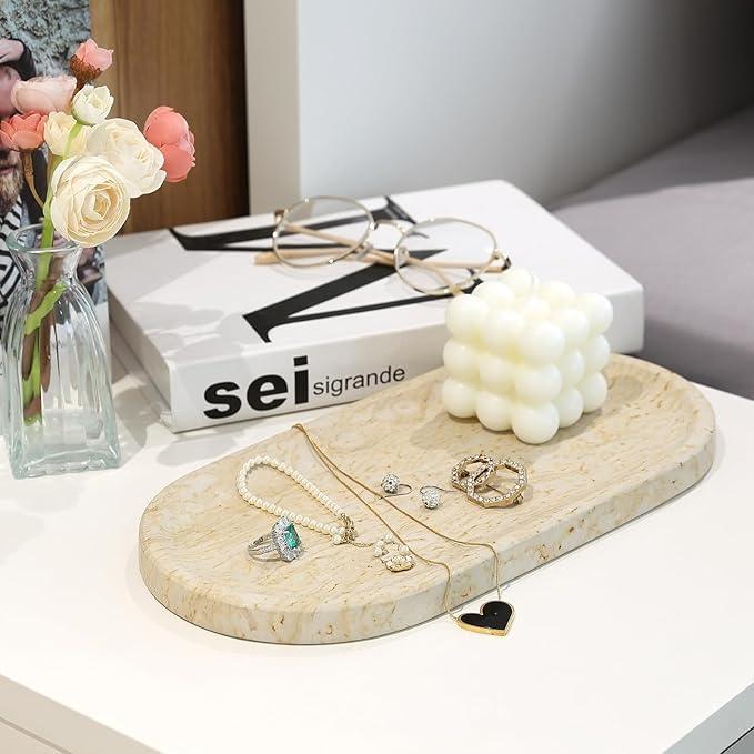 Koville Natural Marble Tray for Home Decor, 12"x6" Marble Vanity Tray for Dresser, Stone Perfume Organizer Jewelry Dish for Bathroom, Stone Catchall Storage Trays for Candles - ModernBath