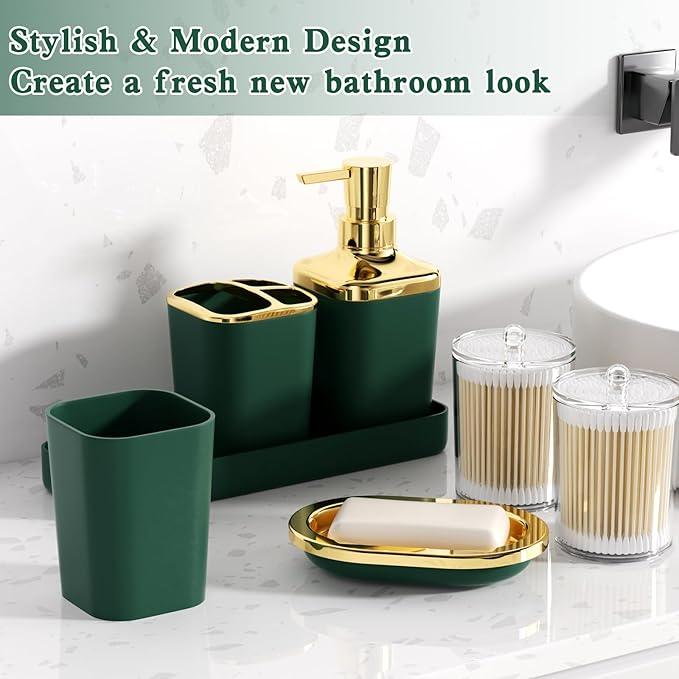 XLHOMO Bathroom Set - Green and Gold Bathroom Accessories, Bathroom Sets with Shower Curtain and Rugs, Green Shower Curtain Set with Bathroom Trash Can, Soap Dispenser, Soap Dish for Home Decor - ModernBath