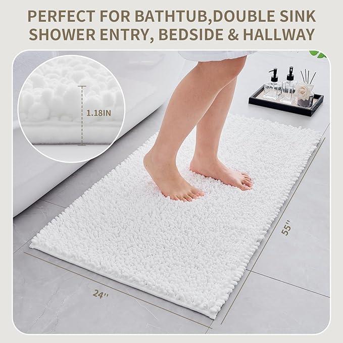 Ruggnovea Chenille Bathroom Rugs Non Slip Washable 55x24, Extra Thick Soft Absorbent Chenille Bath Mat, Non-Slip Barrier Backing, Quick Dry Machine Washable Bath Mats Tub, Shower,Floor/Sink,White - ModernBath