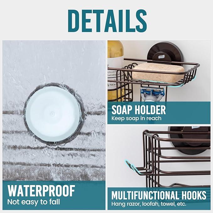 TAILI Shower Caddy Suction Cup 2 Pack with Hooks & Soap Holder, Heavy Duty Shower Organizer for Bathroom, No Drilling Bathroom Organizer with Large Capacity, Metal Storage Basket-Brown - ModernBath