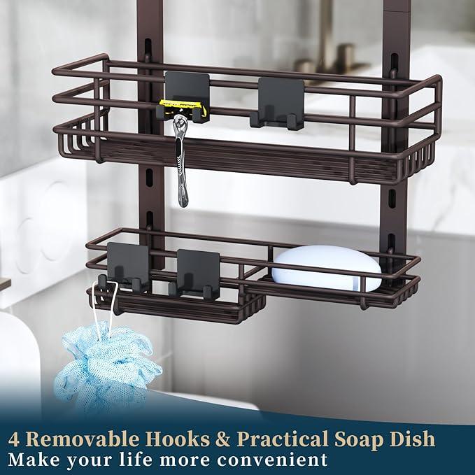Consumest Over The Door Shower Caddy - 5 Tier Adjustable Shower Organizer Hanging with 2 Toothbrush Holders & 4 Hooks, Rustproof Organizer Shelf, Storage Rack for Bathroom, Bronze - ModernBath